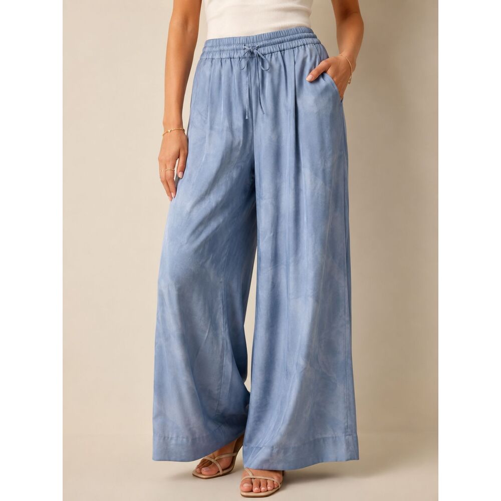 Lauren Ralph Lauren Blue Satin Wide Leg Flowy Pull On Pants Petite PL NWT